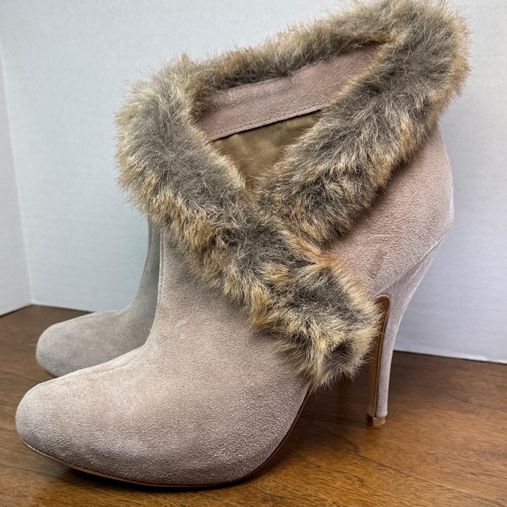 Colin Stuart Elegant Fur-Trimmed Leather Suede Ankle Boots Heels Stiletto, sz 10